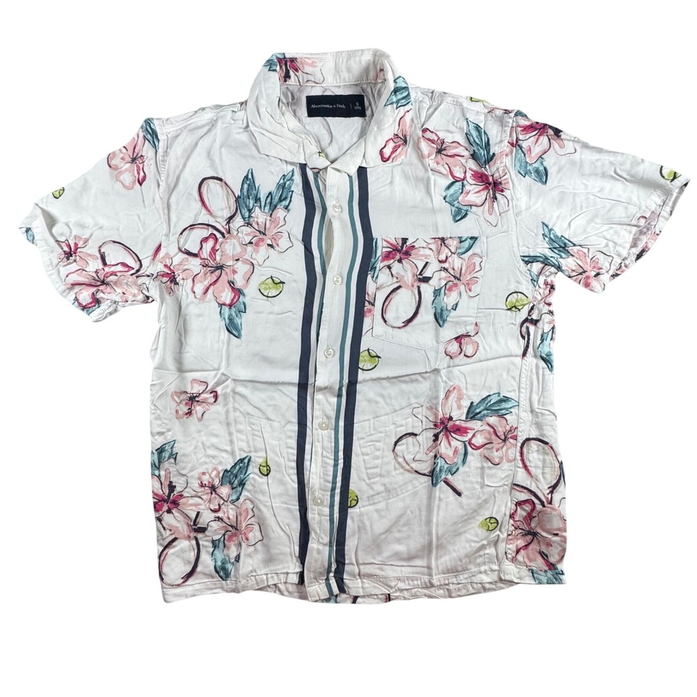 Abercrombie & Fitch Shirt Mens Small White Pink Floral Tennis Camp Button Up - Picture 2 of 8